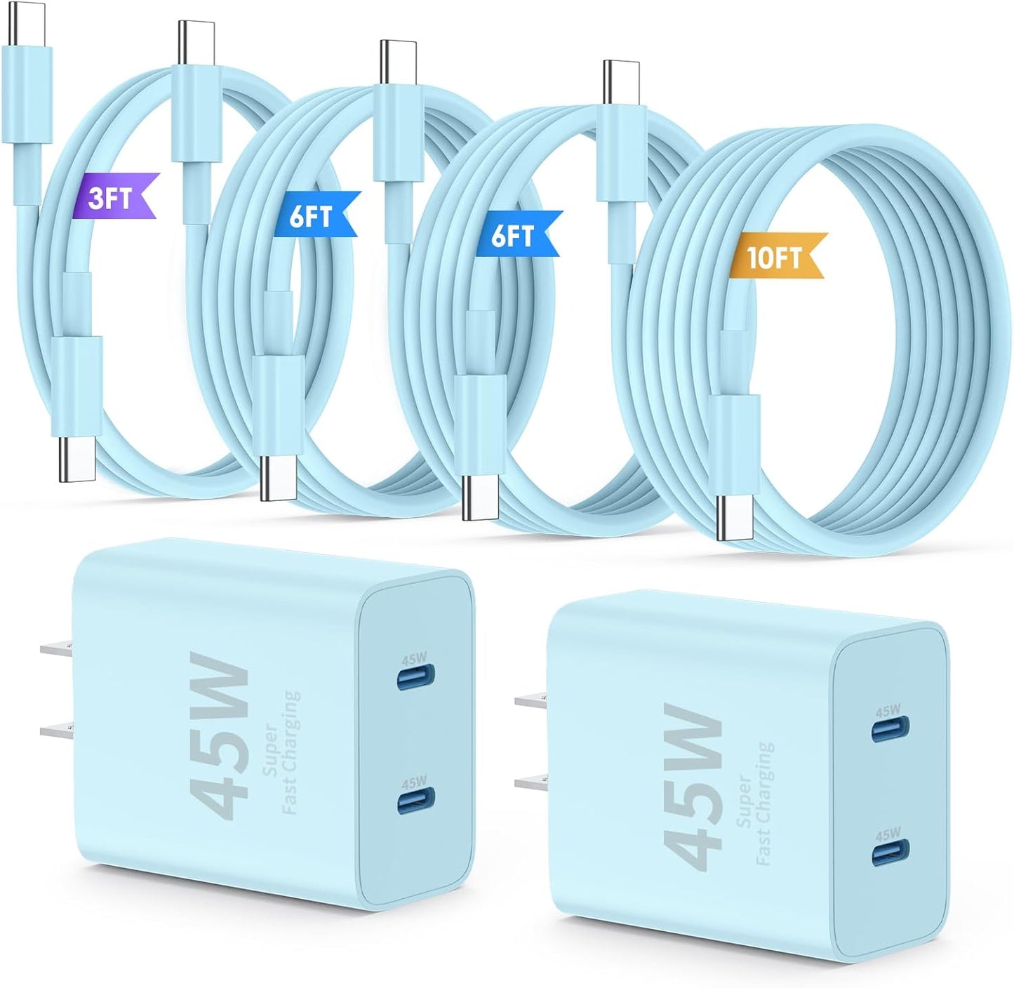 Super Fast Samsung Charger Type C,45W Dual Port USB C Fast Charger Block [2-Pack] & Extra Long 60W 3/6/6/10FT USB C Cable - PD Quick Charging 3.0 for Samsung Galaxy S25 Ultra/S24+/S23 iPhone 16