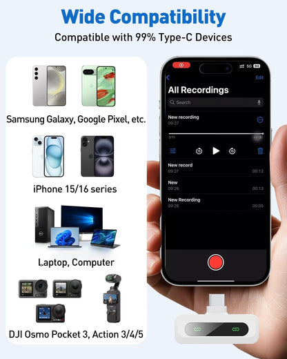 USB C Lavalier Microphone Wireless Mini Mic for Type-C Android Phone/Tablet/PC Video Recording Clip-on Mics with Rotatable Clip&Denoise Recording, Ideal for Vlog Tiktok YouTube Content Creator, White