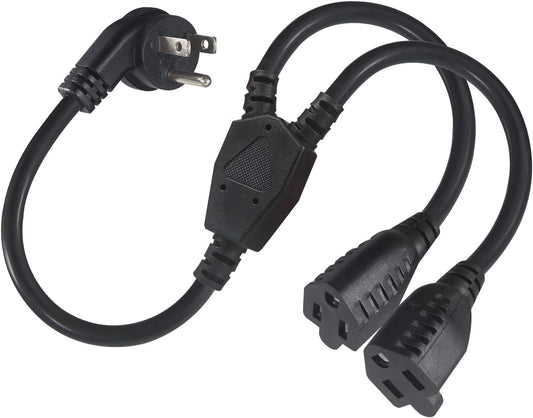 Power Extension Cord Y Splitter - 1FT Right Angled Type Flat Plug NEMA 5-15P 1 to 2 Way Outlet NEMA 5-15R SJT 16AWG 3 Prong Low Profile Black AC Power Cable Wire Extender for TV Computer Monitor