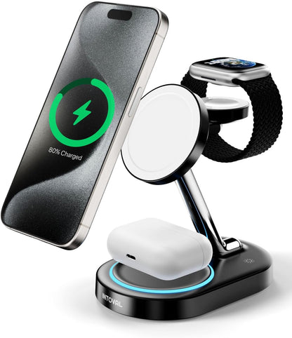 Intoval Fast Charging Station for Magsafe Apple Devices, Wireless Charger for MagSafe iPhones, 3 in 1 Magnetic Charger Stand for iPhone 16/15/14/13, Apple Watch & AirPods. (Black)
