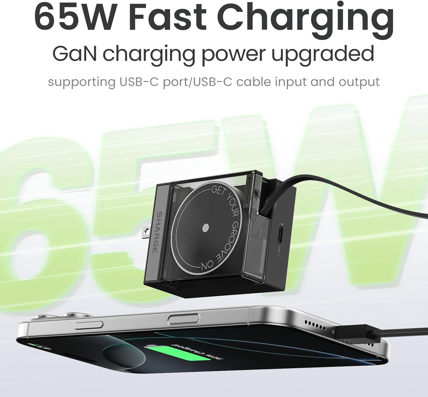 Retractable 65W USB C Charger, GaN Power Wall Charger with Retractable Cable, 2 Devices PD Fast Charging for MacBook Pro/Air, iPhone 16,Pixel Book, iPad Pro Black