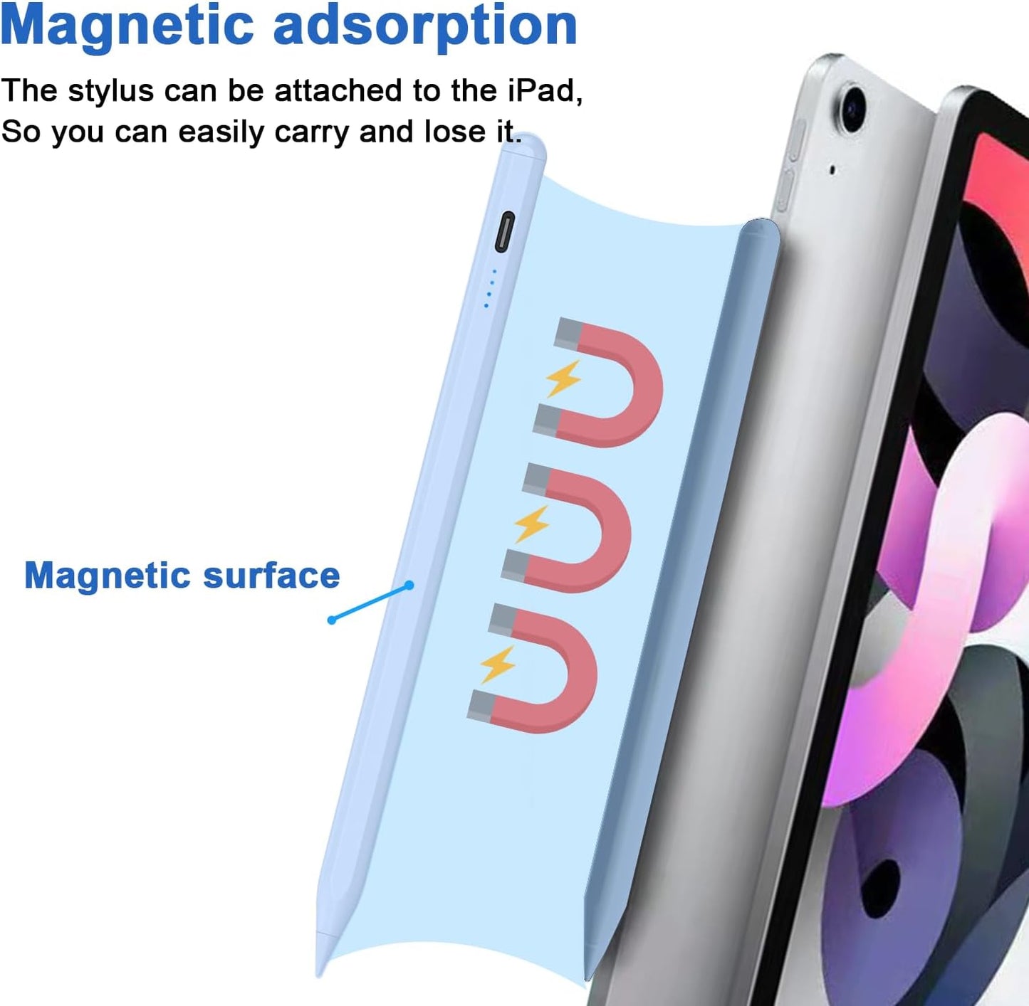 Stylus Pen for iPad 9th&10th - Type-c Charging Pencil for ipad Palm Rejection Active Pen Compatible with (2018-2025) Apple iPad 6/7/8/9/10/11(A16), Air 3/4/5/M2/M3, Mini 5/6, Pro 11"/12.9"/M4（Blue）