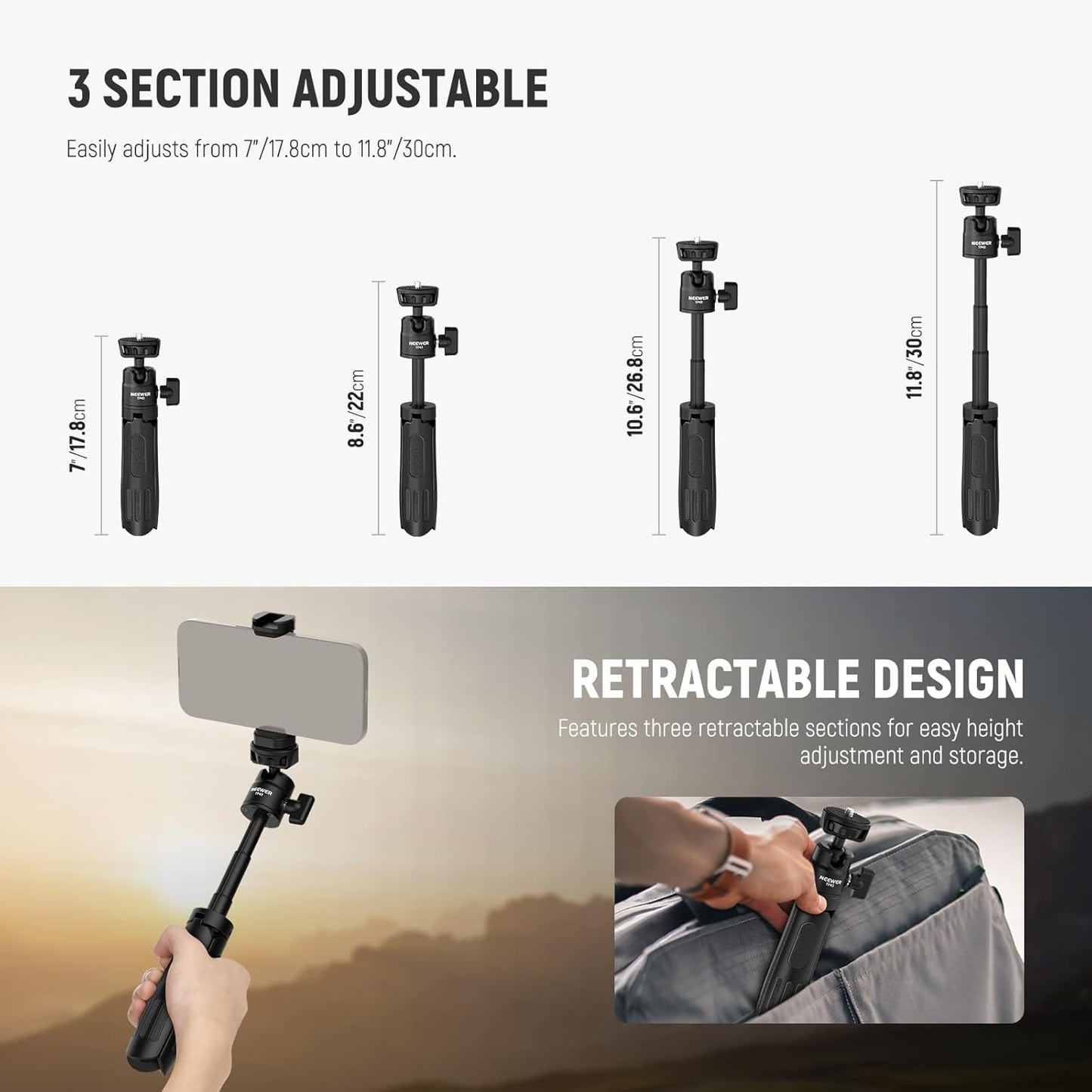 NEEWER Basics Mini Desk Selfie Stick Tripod Compatible with iPhone GoPro Insta360 DJI, Portable Small Camera Webcam Android Cell Phone Holder Ball Head Elevated Axis Video Recording Stand, TP43 Black
