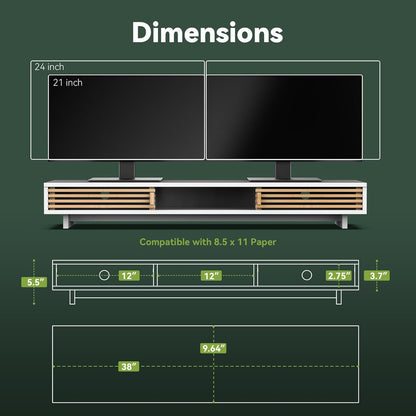 Dual Monitor Stand Riser with Sliding Door, Double Computer Laptop Stand Desk Shelf Organizer with Storage (White + Natural Bamboo, 38 Inch)