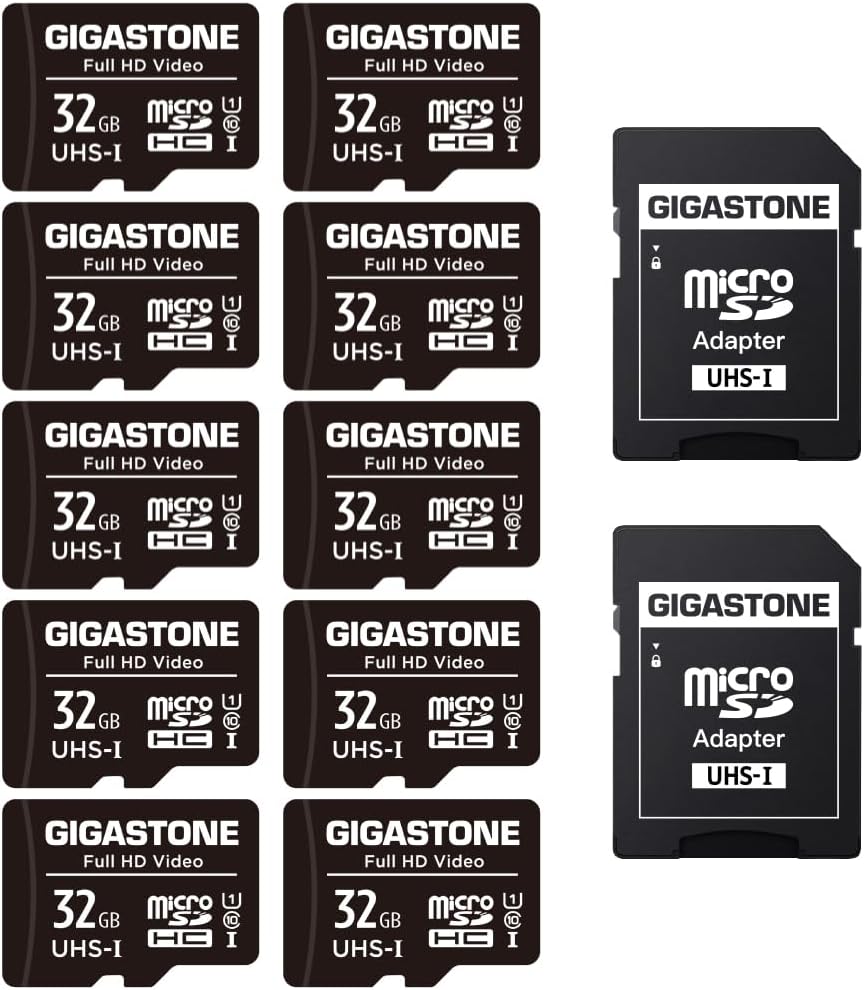 GIGASTONE 32GB 10-Pack Micro SD Card, Full HD Video, Surveillance Security Cam Action Camera Drone, 90MB/s Micro SDHC UHS-I U1 C10 Class 10