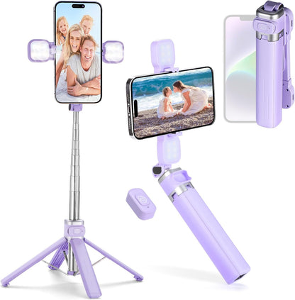 MQOUNY Mini iPhone Tripod Stand & Selfie Stick with Wireless Remote & Removable Light, Extendable Stand 360 Rotation Compatible with iPhone & Android Samsung (Purple)