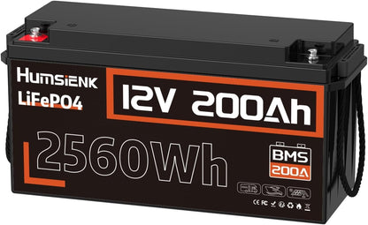 12V 200Ah LiFePO4 Battery, Built-in 200A BMS, Rechargeable 6000-20000 Deep Cycles & 10-Year Lifetime, 2560Wh Lithium Battery for Off-Grid and Home Solar System, Marine, Trailer, RV