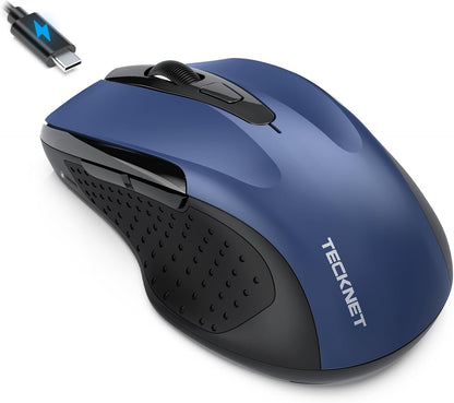 TECKNET Rechargeable Jiggler Wireless Mouse (BT5.0/3.0 & 2.4G) 4800 DPI Silent USB A & Bluetooth Mouse 6 Buttons, Wide Compatibility - Blue