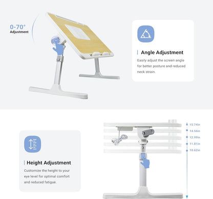 Laptop Lap Desk Include Cooling Fan,Adjustable Lap Desk with Light Fan,Folding Laptop Desk for Bed with USB,Bed Desk with Storage Drawer 60x40cm,White Oak