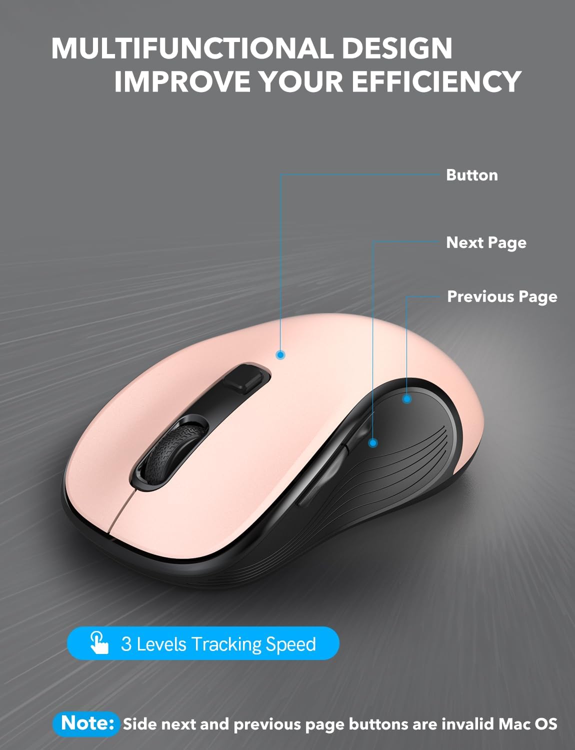 Trueque Wireless Mouse for Laptop, 2.4GHz Ergonomic Computer Mouse with Back & Forward Buttons, 3 Adjustable DPI Levels, 6 Buttons, Optical USB Cordless Mice for Windows Chromebook MacBook PC (Pink)