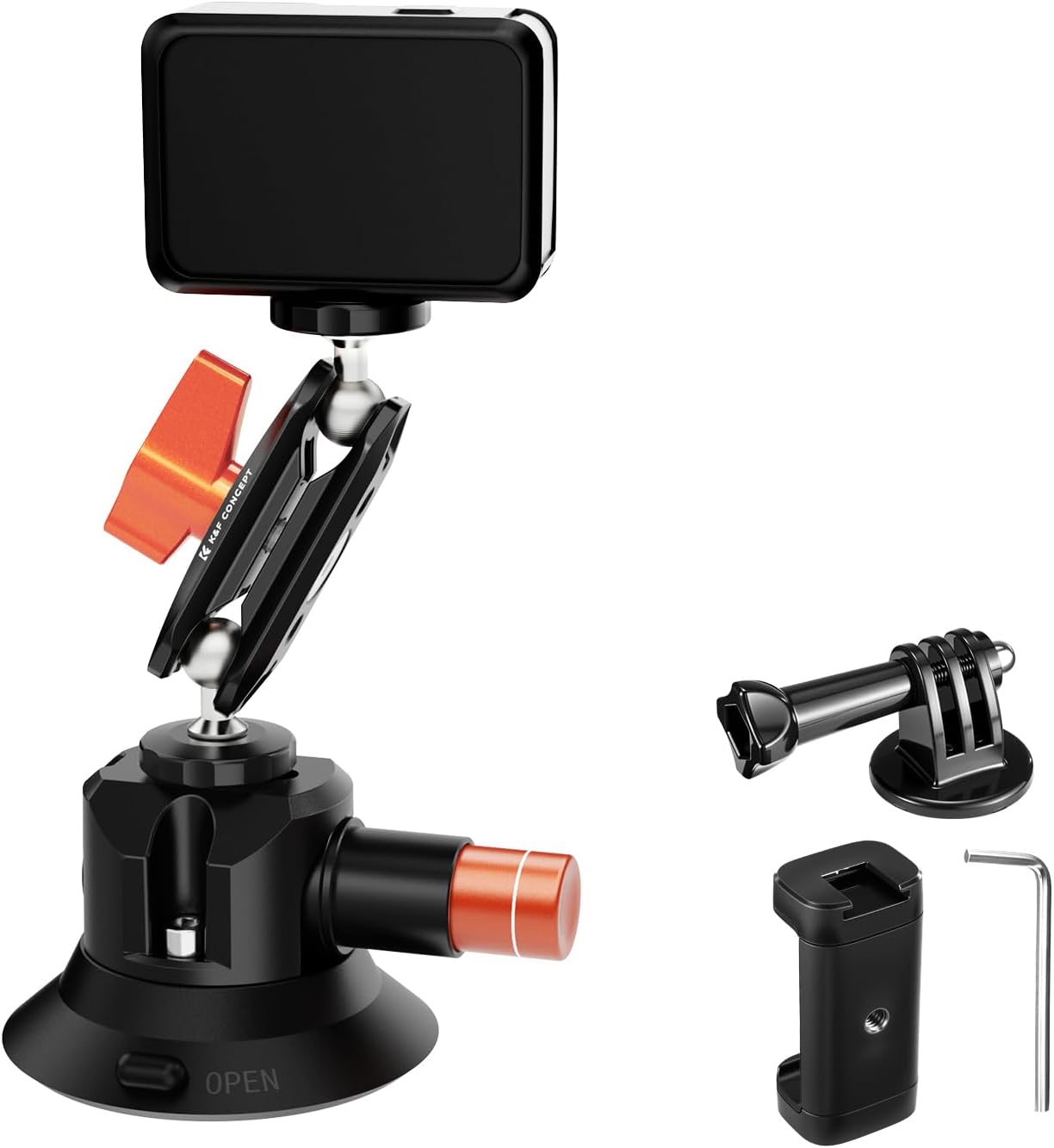 K&F Concept 3" Suction Cup Mount with 360° Double Ball Head Magic Arm, 1/4" Screw Threads, Quick Release Car Mount Compatible with DJI Insta360 for Action Camera Phone Video