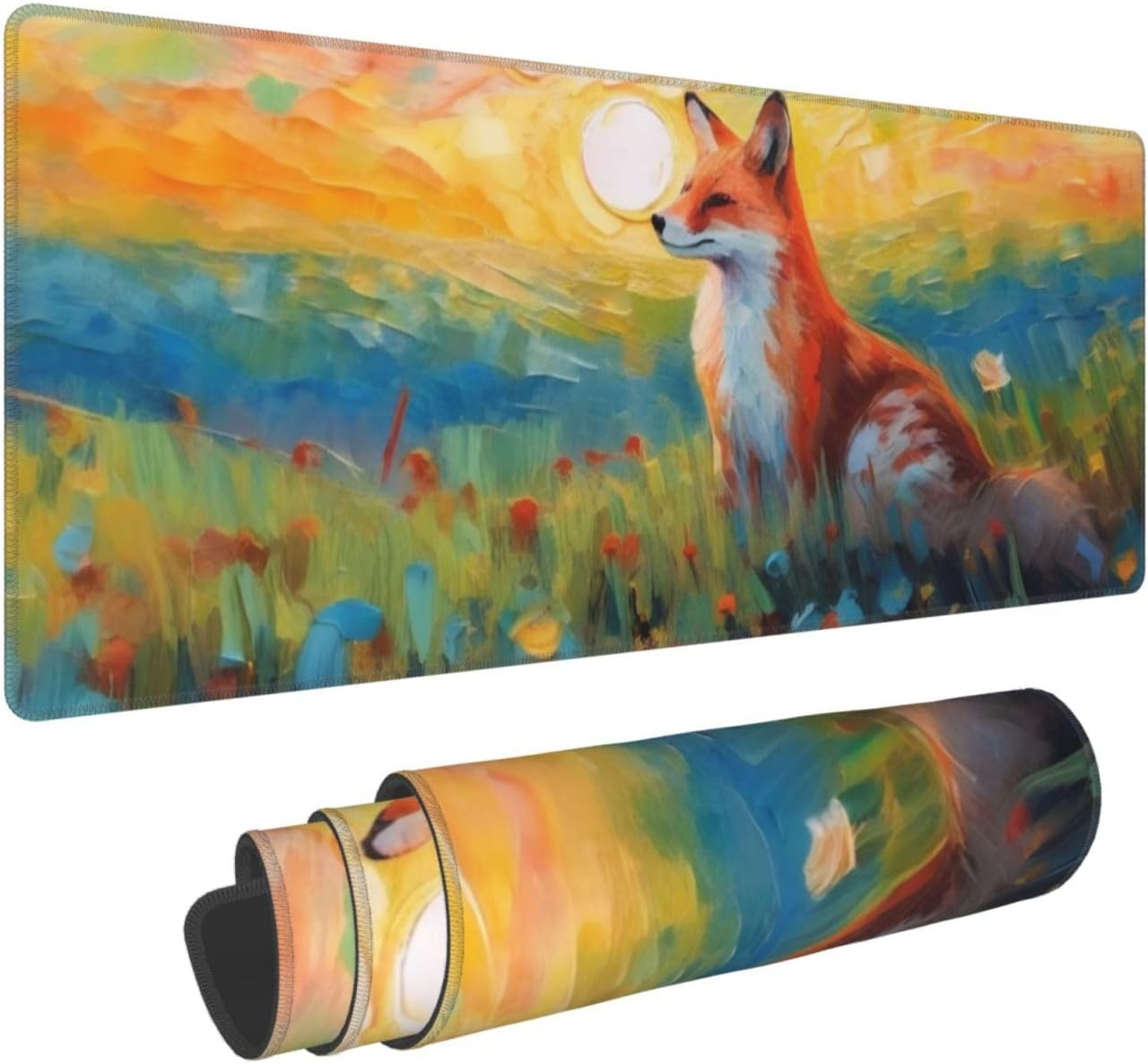 Gaming Mouse Pad, Large Non-Slip Rubber Base Mousepad, Keyboard Mouse Mat, Desk Pad with Stitched Edges, 31.5x11.8inch, Fox