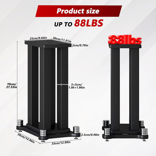 A Pair of Universal Speaker Stands, Heavy Duty Speaker Stands Holds Bookshelf Speaker Satellite Speaker Large Speaker, Vibration-Absorbing MDF Design, Holds 88lbs Speaker (Black, 70cm/27.5in)