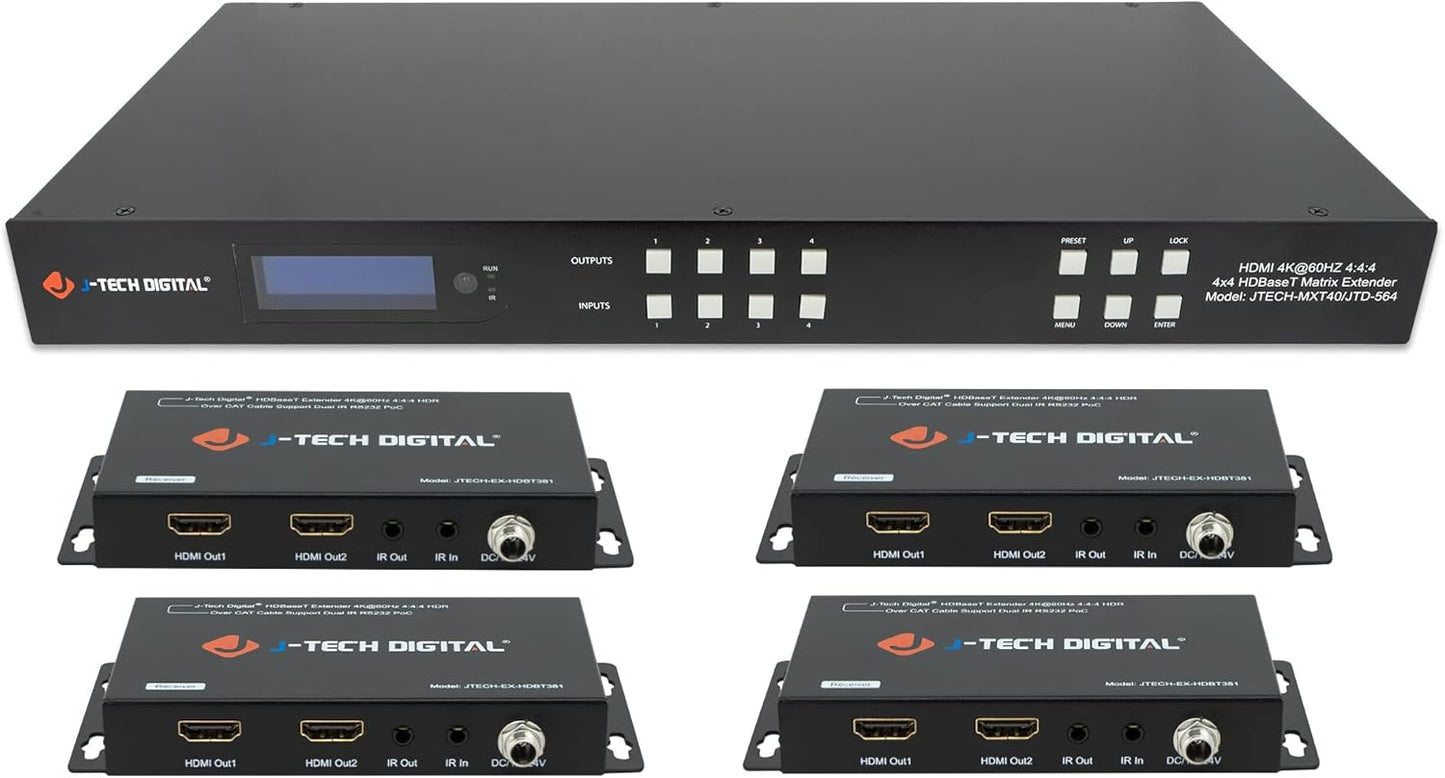 J-Tech Digital HDBaseT 4x4 Matrix Extender Switcher Supports HDMI2.0 HDCP2.2 4K60Hz 4:4:4 HDR Dolby Vison with 4 PoC Receivers, Over Single Cat5e/6 Cable, Control App, Compatible with Control4 Driver