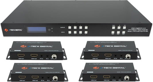 J-Tech Digital HDBaseT 4x4 Matrix Extender Switcher Supports HDMI2.0 HDCP2.2 4K60Hz 4:4:4 HDR Dolby Vison with 4 PoC Receivers, Over Single Cat5e/6 Cable, Control App, Compatible with Control4 Driver