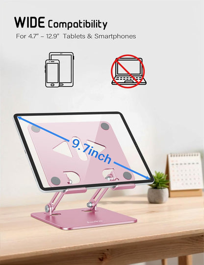 Tablet Stand Holder for Desk, Adjustable Desktop Tablet Holder, Foldable Aluminum Tablet Mount for iPad pro 12.9, iPad Air Mini, Samsung Galaxy Tabs Z Fold Kindle Fire,4-12 inch, Rose Gold