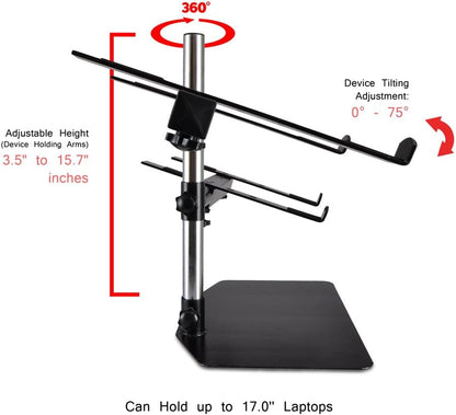 Pyle Portable Dual Laptop Stand – Standing Table Holder with Bracket Arms,Adjustable Height,Ergonomic Design, 360° Swivel for DJ Mixer,Sound Equipment,Workstation,Gaming & Home Use with Tilt Function