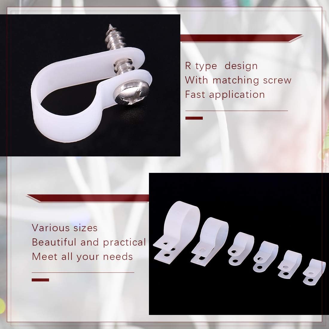 Hilitchi 135 Pcs 6 Sizes White Plastic Cable Clamp R Type Screw Mounting Cord Fastener Cable Clips Assortment Kit with Screws for Wire Management Cable Conduit (Clips from 6mm to 23mm)