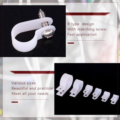Hilitchi 135 Pcs 6 Sizes White Plastic Cable Clamp R Type Screw Mounting Cord Fastener Cable Clips Assortment Kit with Screws for Wire Management Cable Conduit (Clips from 6mm to 23mm)