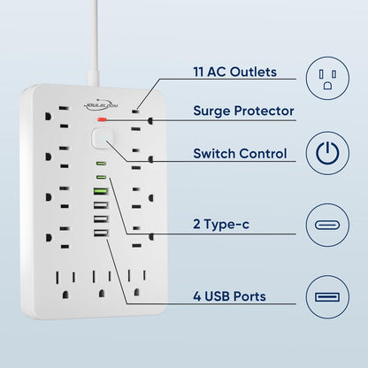 15 FT Flat Plug Surge Protector Power Strip,11 Multiple AC Outlets with 6 USB Ports (2 USB C), 15 Feet Extension Cord, 1250W/10A, One Touch Switch Button, White