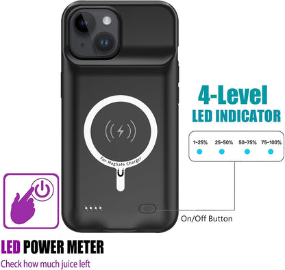 Battery Case for iPhone 15 Plus, 12000mAh Rechargeable Portable Charging Case with Wireless Charging Compatible for iPhone 15 Plus (6.7 inch) with Carplay Extended Battery Pack Charger Case (Black)