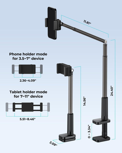 Viozon Tablet Holder Stand, Phone/Kindle Holder with Flexible Aluminum Alloy Long Arm, C Clamp for Headboard Bedside&Table, Compatible with 3.5-11" iPad,Kindle, iPhone 15 14 Plus/Pro Max,B