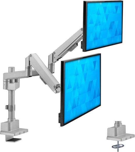 Mount-It! Dual Monitor Mount - Monitor Stands for 2 Monitors, Computer Arms on Desk Stand, Gas Spring Height Adjustable Desk Mount in Silver, VESA 75, 100 Fits Screens Up to 32", Silver Color