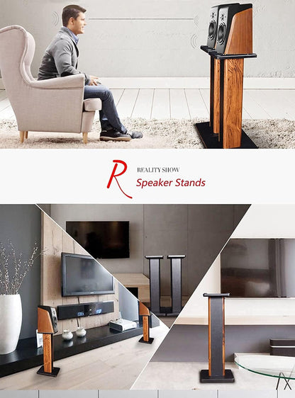 Speaker Stands Wood Grain Universal Floor Speaker Stands 24 Inch Floor Stand Mount Heavy Duty Surround Sound Speaker Stands for Home Theater with Sand Filling Tuning Function- 1 Pair