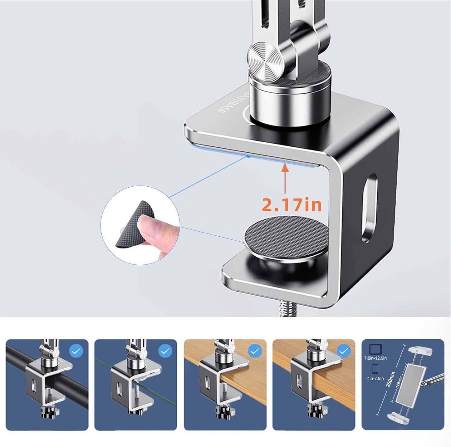 OATSBASF Phone and Tablet Holder Bed Gooseneck Mount, Aluminum Long Arm Foldable Lazy Stand, Universal 360 Degree Rotatable for iPhone, iPad, Tablet-Silver