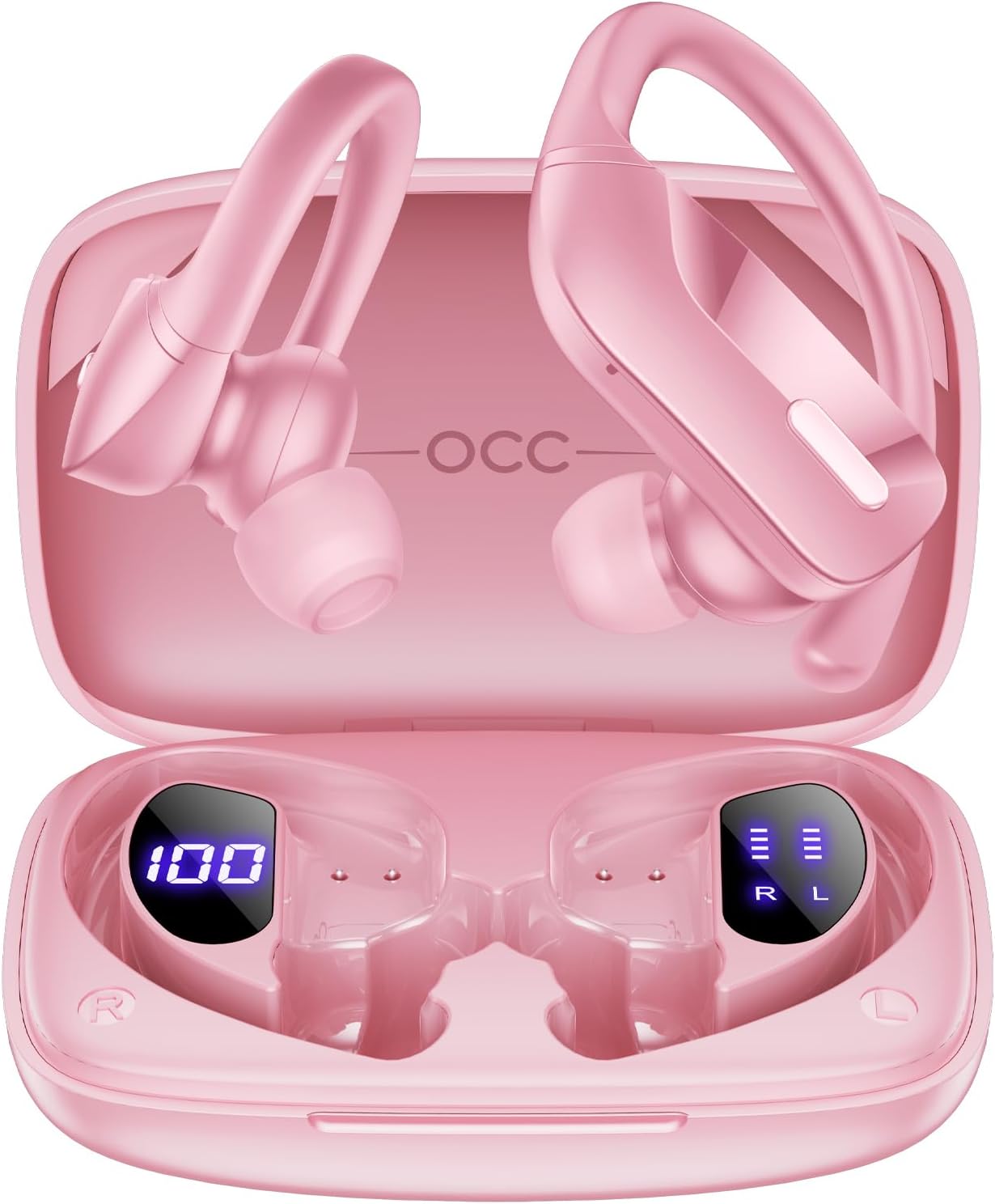 OCC Wireless Ear Hook Sport Earbuds, Bluetooth Headphones with Mic, IPX5 Waterproof, 80H Playtime Earphones, Pink