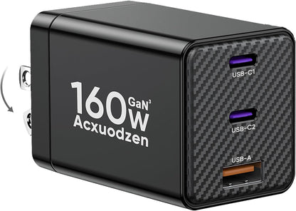 USB C Charger Block 160W, 3-Port GaN Super Fast Charger, Dual 65W Type C Charging Block, Foldable QC3.0 Laptop Fast Charging for MacBook, iPhone, Samsung, Galaxy, iPad, Android (Black, 1 Pack)