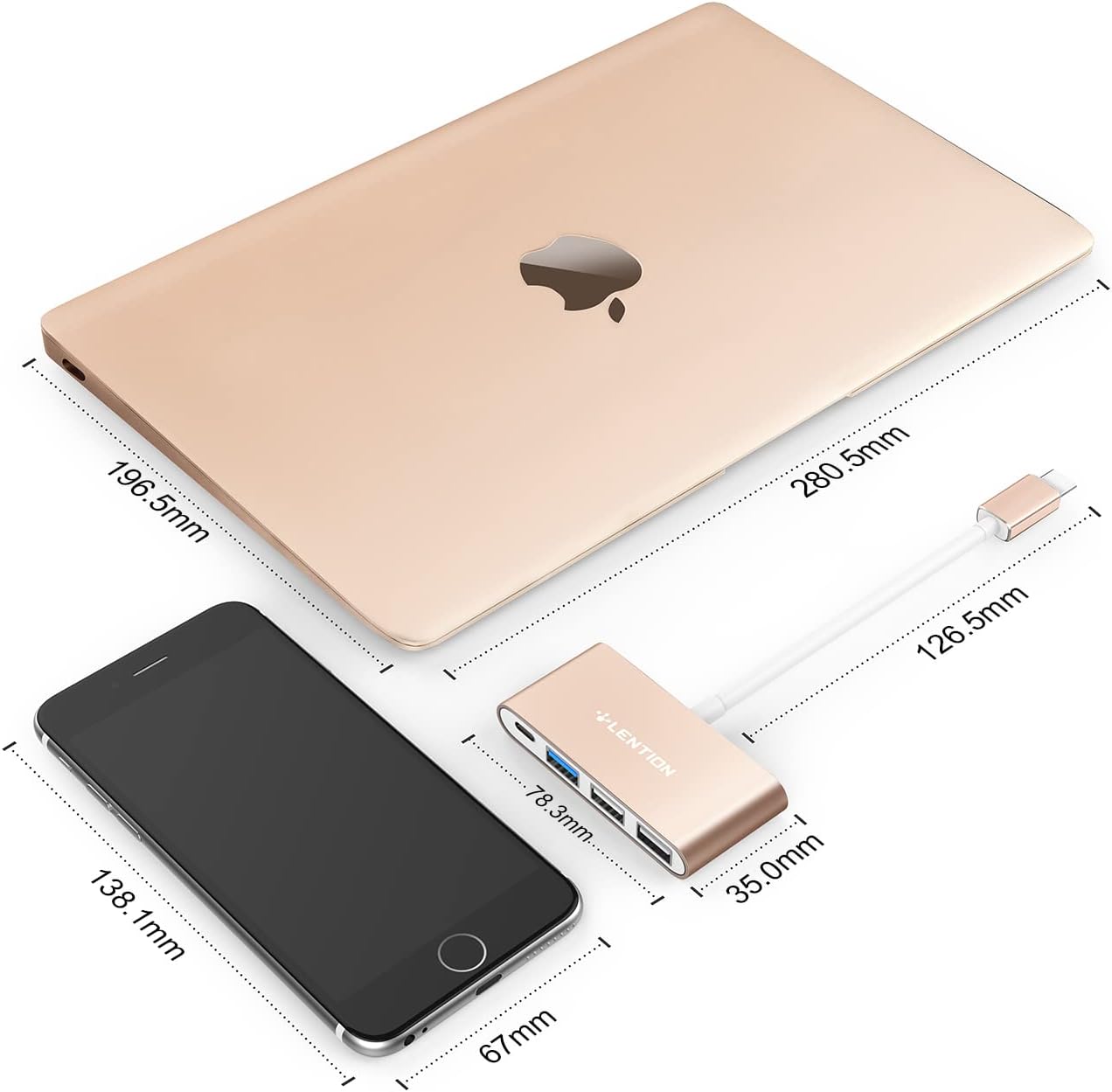LENTION 4-in-1 USB-C Hub with Type C, USB 3.0, USB 2.0 for 2024-2016 MacBook Pro (M1-M4), iPhone 16-15 New Mac Air/Surface, ChromeBook, More, Multiport Charging & Connecting Adapter (C13, Gold)