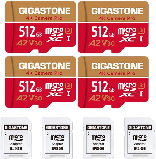 [5-Yrs Free Data Recovery] GIGASTONE 512GB Micro SD Card 4-Pack, 4K Camera Pro, A2 V30 Compatible with Gopro, Dash Cam, DJI, Drone, Security Camera, Speed Up to 100MB/s, UHS-I U3 C10, with Adapter