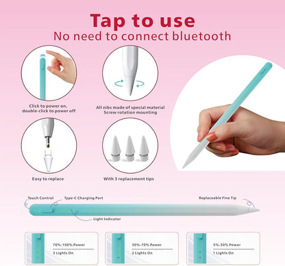 Stylus Pen for iPad,14Mins Fast Charge for Apple Pencil,Palm Rejection,Tilt Sensitivity, Pen for iPad11/10/9/8/7/6, Pro 12.9"/11"/13" M4, Mini 6/5, Air 5/4/3/11"-13" M2/M3 with Polishing Cloth