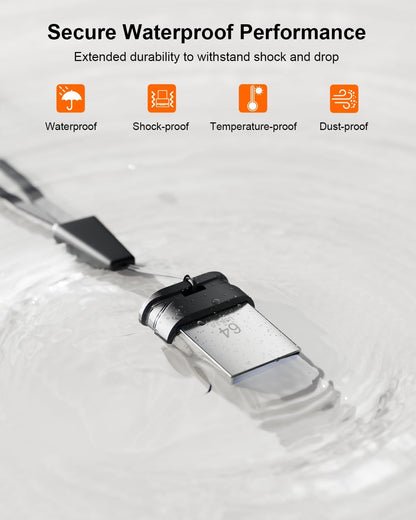 64GB USB 3.0 Flash Drive, Mini Thumb Drive Waterproof Memory Stick with Lanyard Hole Plug and Play Portable USB Stick Storage for Computer Laptop Smart TV, Black