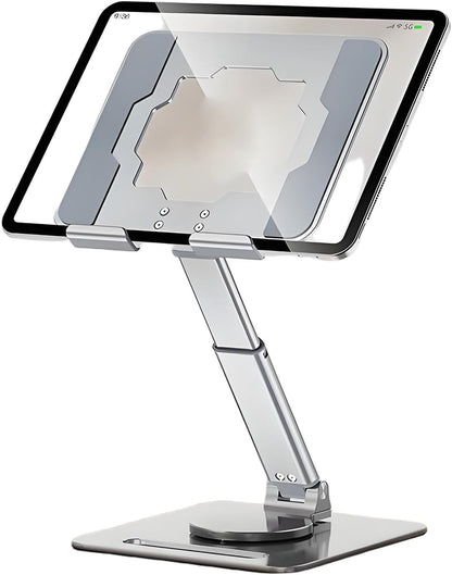 GuaziV 360° Rotating Tablet Stand - Adjustable iPad Tablet Holder for Desk, Foldable iPad Swivel Stand for Home & Office (Polished Silver)