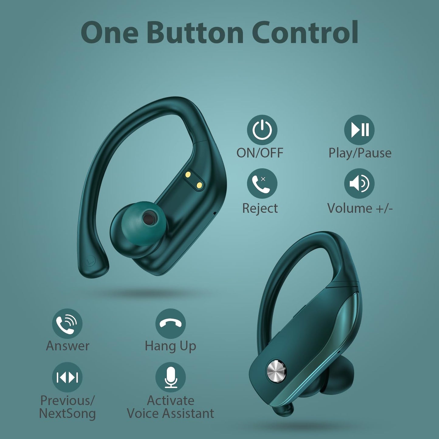 bmanl Wireless Earbuds Bluetooth Headphones 48hrs Play Back Sport Earphones with LED Display Over-Ear Buds with Earhooks Built-in Mic Headset for Workout Green