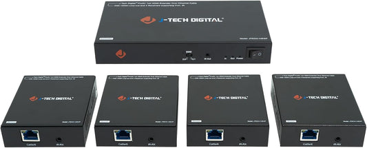 J-Tech Digital HDMI Extender Splitter 1x4 Over Single Cat5e/6 Ethernet Cable Up To 164ft. Supports PoC HDMI Loopout IR Control EDID Switch
