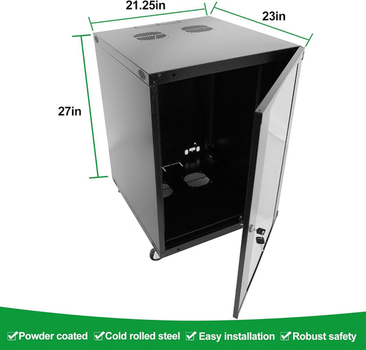 12U Server Cabinet Wall Mount Rack Enclosure with Caster Wheels 2 Server Fans Locking Glass Door Removable Side Panels 19" Network Cabinet 15-18.5" Installation Depth Heavy-Duty Frame (27INCH, 12U)