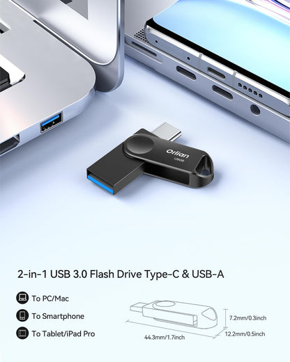 128GB 2-Pack USB C Flash Drive, Dual Drive USB 3.0 and Type C Thumb Drive Up to 110MB/s Read Metal Waterproof Portable for PC Laptop Tablet Android Smartphone iPhone 15 and More, Black