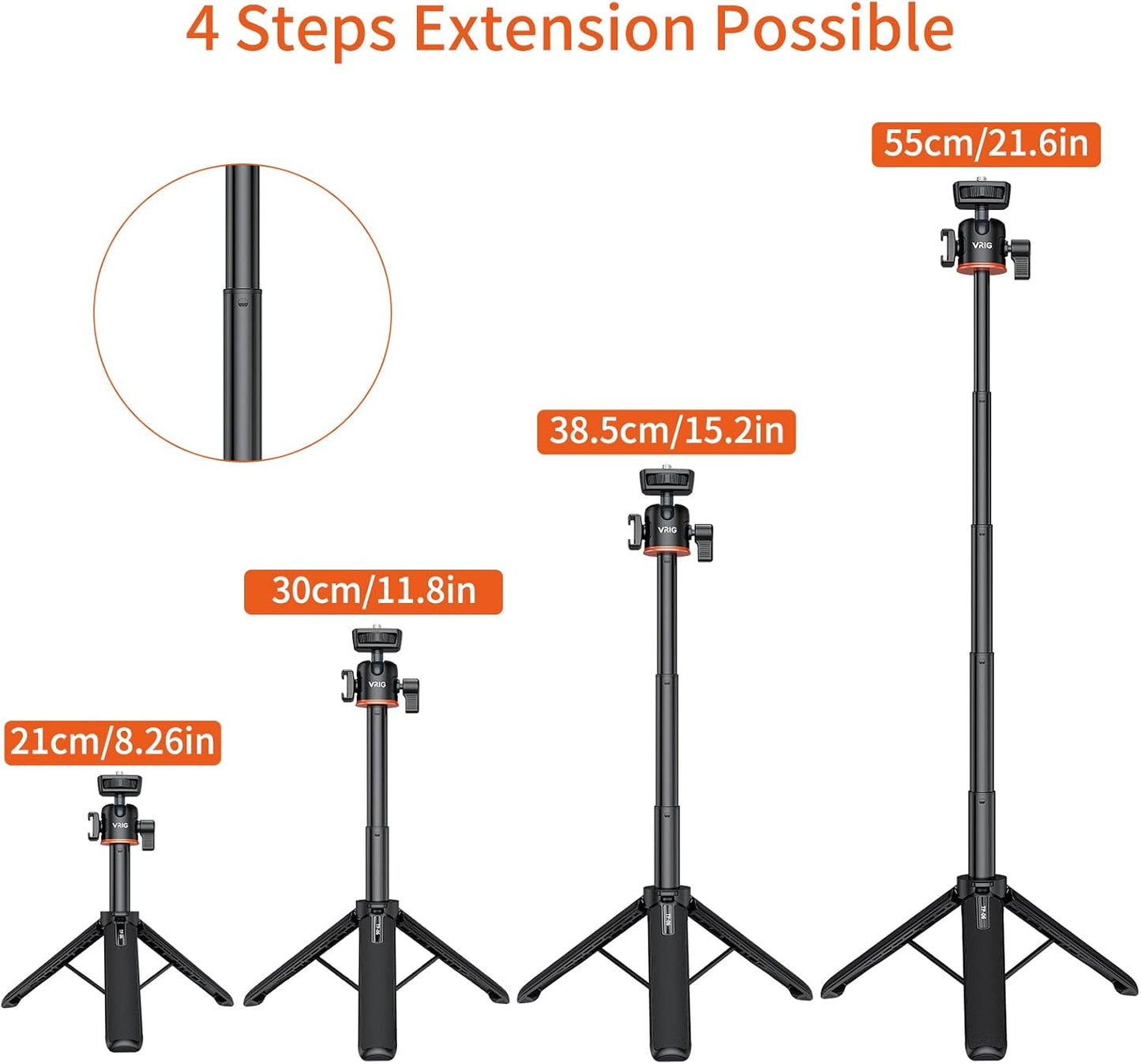 VRIG 21.6" Extension Pole Tripod, Mini Selfie Stick Tripod Stand Handle Grip for DJI Osmo Pocket 3,Insta 360 X5 Webcam Canon G7X Mark III Sony ZV-1 RX100 VII A6400 A6600 Cameras Vlogging