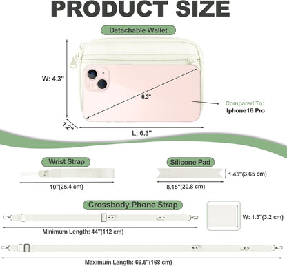 Clip and Go Strap for Phone with Wallet Crossbody, Adjustable Phone Lanyard with Detachable RFID Wristlet Wallet & Ultra-Thin 360° Rotatable Metal Tabs for All Smartphones (Cream)