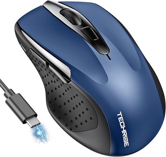 Bluetooth Mouse (BT5.0/3.0 & 2.4G) Rechargeable Wireless Mouse, 4800 DPI Optical Tracking, 6 Adjustable DPI, 2.4GHz with USB A Receiver, Quiet Clicks, Ergonomic Grips, 6 Buttons - Blue