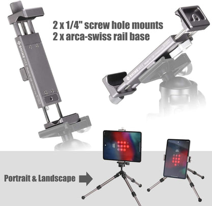Full Metal Tablet Tripod Holder – Compatible with iPad mini, Air, Pro | 1/4" Screw & ARCA Dovetail Mounts | Universal Tablet Clamp Adapter