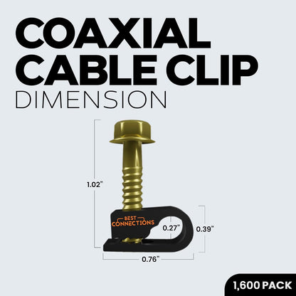 BEST CONNECTIONS Coaxial Cable Clips with Pre-Inserted Screw (1,600 Pack) – Black Single Cable Mounting Clamps for Coax Cable (RG6, RG59) and Ethernet Cable – Cord Fastener/Strain Relief Clip