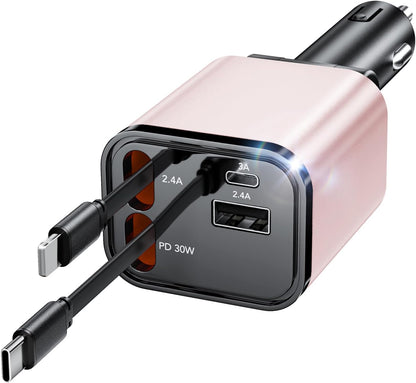 Retractable Car Charger, 4 in 1 Fast Car Phone Charger 69W, 2 Retractable Cables and 2 USB Port, Compatible with iPhone 16/15/14/13/12/11,Galaxy,Pixel