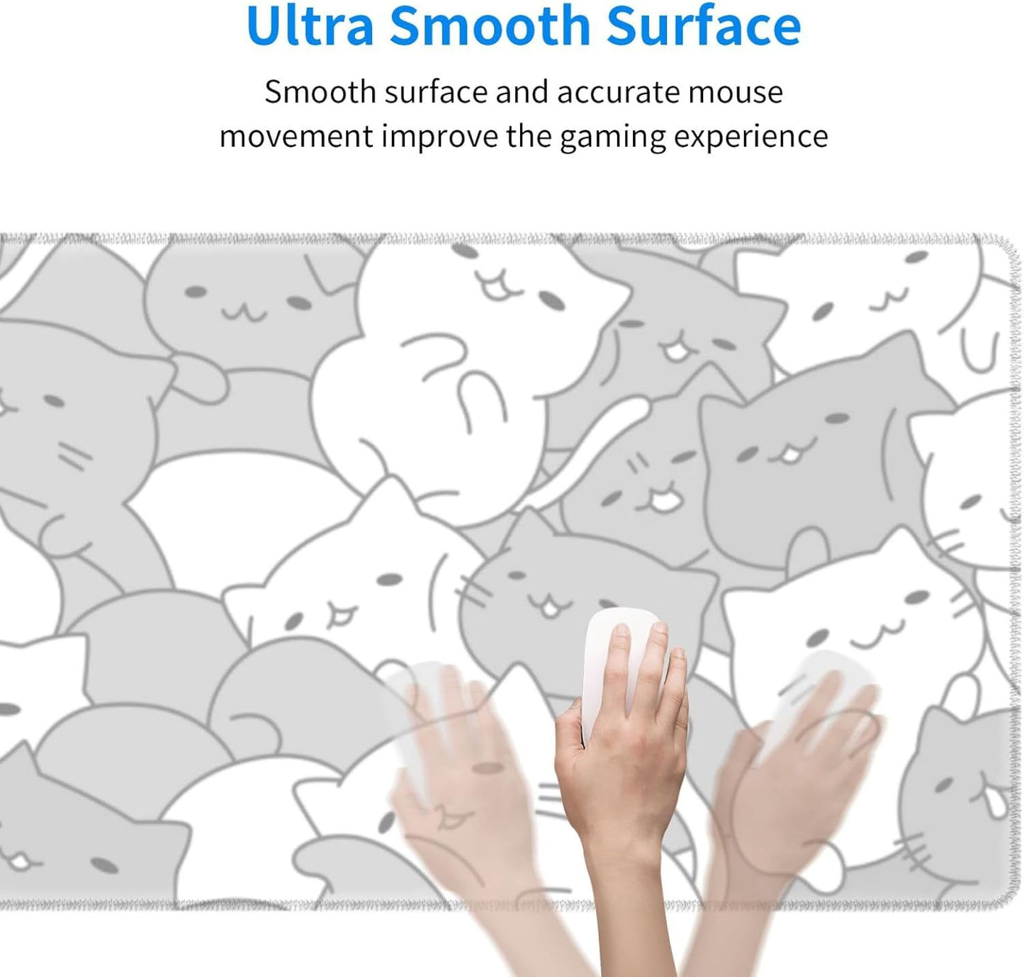 White Kawaii Cats E-Sport Mouse Pad Large Desk Mat Non-Slip Rubber Base Stitched Edge Keyboard Mouse Pad for Office Home E-Sport Computer Laptop, 31.5×11.8 Inches