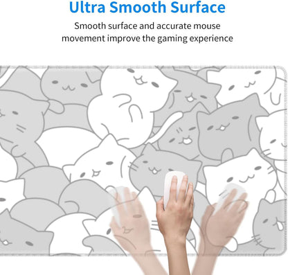 White Kawaii Cats E-Sport Mouse Pad Large Desk Mat Non-Slip Rubber Base Stitched Edge Keyboard Mouse Pad for Office Home E-Sport Computer Laptop, 31.5×11.8 Inches