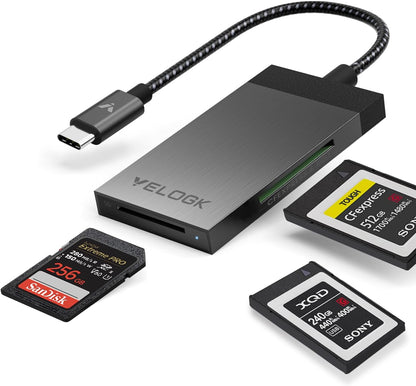 3-in-1 CFexpress/XQD/SD 4.0 UHS-II Card Reader USB C, VELOGK Dual-Slot USB 3.2(10Gbps) CFexpress Type B Card Reader Adapter for Android/Windows/Mac OS/Linux, with Brushed Aluminum Case&Portable Pouch