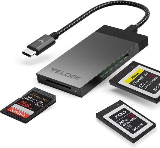 3-in-1 CFexpress/XQD/SD 4.0 UHS-II Card Reader USB C, VELOGK Dual-Slot USB 3.2(10Gbps) CFexpress Type B Card Reader Adapter for Android/Windows/Mac OS/Linux, with Brushed Aluminum Case&Portable Pouch